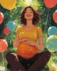 Canvas Print - A pregnant woman sitting in a field of flowers, smiling at the sky with balloons floating above her.