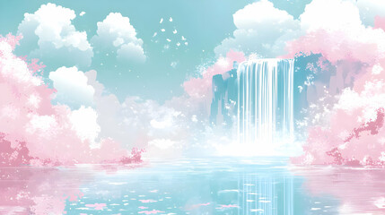 Poster - Waterfall Flowing Through a Tranquil Forest Landscape with Pink Blossoms and Blue Sky