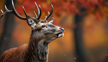 Wall Mural - Majestic red deer stag calling in vibrant autumn scenery during the rut