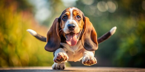 Adorable basset hound puppy with brown and white fur leaps into air with outstretched paws and tongue hanging out, exuding joyful energy and playfulness.