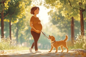 A pregnant woman walks with her dog in a park on a sunny day.