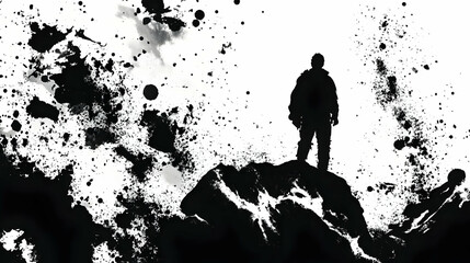 Wall Mural - Silhouette of a Man Standing on a Mountaintop with Ink Splashes