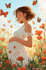 Sticker - A pregnant woman with a gentle smile, surrounded by vibrant orange butterflies and flowers, stands in a field bathed in warm sunlight.