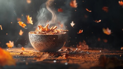 Halloween A bowl of cereal is surrounded by a cloud of leaves