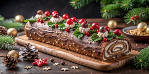 Traditional French Christmas dessert, b?che de No?l, decorated with chocolate, meringue mushrooms, and festive decorations