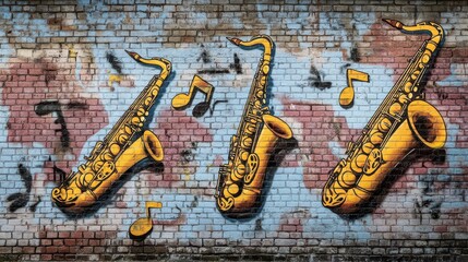 An old brick wall covered in jazzthemed graffiti of saxophones and musical notes