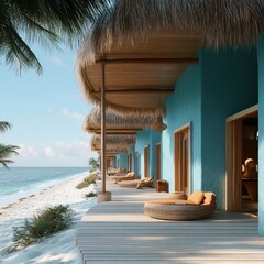 Canvas Print - A row of beach bungalows with thatched roofs and wooden decks overlooking the ocean.