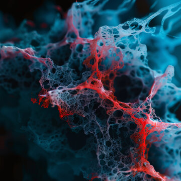 Intricate abstract design showcasing blend of red and blue organic structures, resembling cellular or molecular formations. This visually captivating image evokes sense of depth and complexity