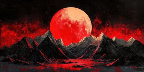 Wall Mural - Dramatic scene of a glowing red moon above a rugged mountain range surrounded by deep shadows and clouds, perfect for fantasy-themed artwork or surreal photography.
