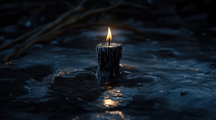 Halloween A candle is lit on a dark surface