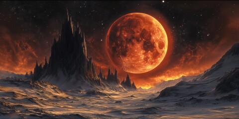 Wall Mural - red moon over black mountain in a dramatic fantasy landscape