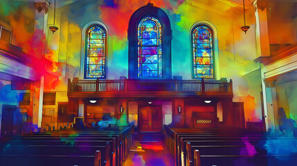 Wall Mural - Vibrant church interior featuring colorful stained glass windows and wooden pews