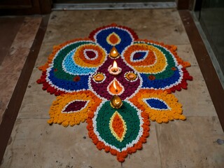 Wall Mural - Colorful rangoli designs at a home entrance during Diwali.