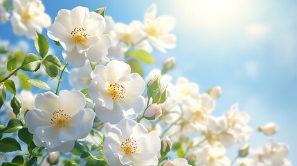 Elegant Spring or Summer Floral Background with White Roses and Blue Sky