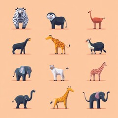 Poster - A set of 12 cartoon animals on a pink background.