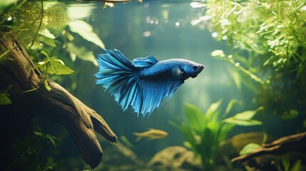 Blue Betta Fish Swimming in a Planted Aquarium