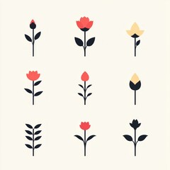 Canvas Print - A set of nine simple flower illustrations in various colors.