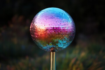 Poster - A shiny disco ball with a pink, purple, and blue gradient sits on a pole in front of a blurred green background.