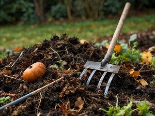 Wall Mural - Composting autumn garden debris, turning piles with a pitchfork in earthy tones.