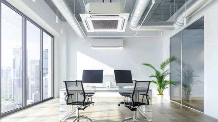 Poster - Modern office interior featuring bright workspace with two computer desks, large windows, and potted plant, creating productive and inviting atmosphere