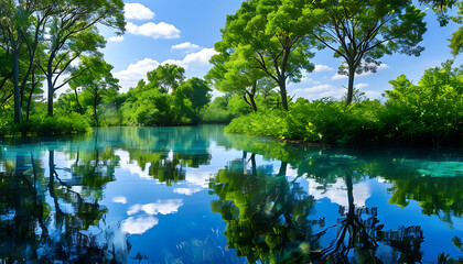 Poster - Enjoy the natural beauty with blue water, clear sky and green trees.