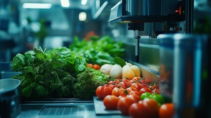 Automated machine slicing vegetables with precision in a modern kitchen, food automation, high-tech cooking