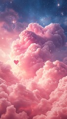 Poster - A single heart-shaped cloud floats in a pink, dreamy sky filled with fluffy clouds and sparkling stars.