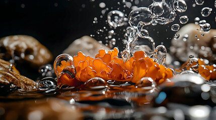 Poster - Orange Flower Blooms in Water with Bubbles