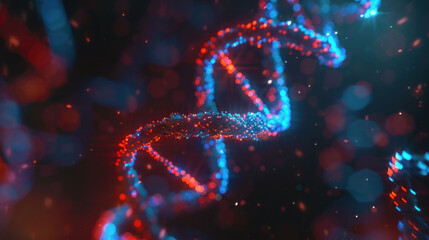 Aufkleber - A vibrant representation of DNA double helix, showcasing intricate details with glowing red and blue particles. This captivating image highlights beauty of genetic structures and molecular biology