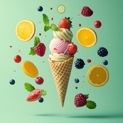 Poster - A single scoop of pink ice cream in a waffle cone with a swirl of vanilla ice cream on top, surrounded by a variety of fresh fruits and berries, all suspended in mid-air against a green background.