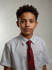 Confident middle schooler in uniform on a plain white backdrop.