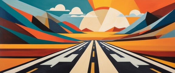 A vibrant abstract illustration featuring a geometric road design that stretches toward a sunlit horizon. The bold use of colors and shapes creates a dynamic, modern interpretation of a landscape