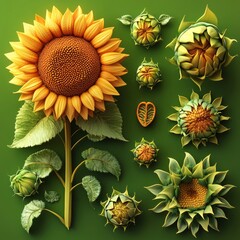 Sticker - A single sunflower in various stages of growth, from bud to full bloom, with green leaves, all against a green background.