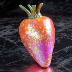 Poster - A single, iridescent strawberry on a black, marble-like surface.