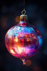 Canvas Print - A single, iridescent, glass Christmas ornament hangs against a dark, blurry background, reflecting warm, ambient light.