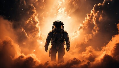 Wall Mural - A solitary astronaut emerges from thick clouds illuminated by warm, glowing light. The scene evokes a sense of mystery and discovery, symbolizing space exploration.