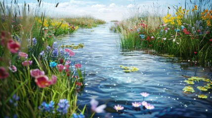 Wall Mural - Water Stream Through Flowers