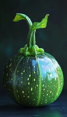 Poster - A single, round, green squash with a small stem and leaves on top, sitting on a dark surface.