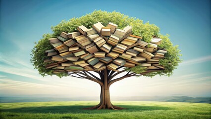 Aufkleber - Tree with leaves made of books, symbolizing literacy, education, and knowledge , literacy, education