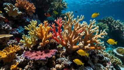 Coral reef bursting with vibrant colors in a tropical setting.