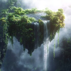 Sticker - A small, lush, floating island with a waterfall cascading from its edge, surrounded by mist.