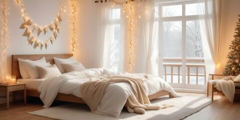 Cozy new year decor in light bedroom. Plenty of lights. AI generated