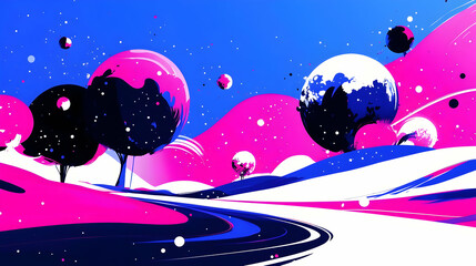 Sticker - Abstract Landscape with Swirling Colors and Floating Planets