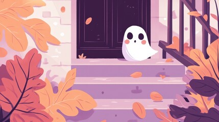 Wall Mural - Halloween A cartoonish ghost is standing on a porch with leaves falling around it