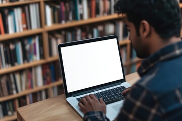 Close-up of a blank white screen on a laptop on a desk in a modern home office A young Indian man is typing with bookshelves behind him Generative AI