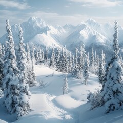 Canvas Print - A snow-covered mountain range with a path leading through a forest of fir trees.