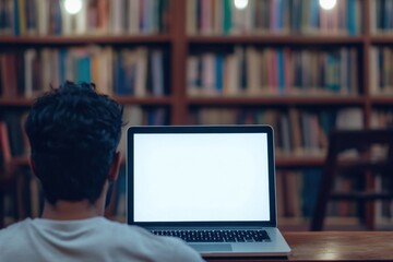 A close-up shot of an Indian man working on his laptop with a white screen in the study room The focus is on the blank, empty space inside the laptop mockup screen Generative AI