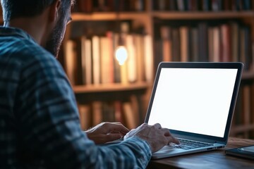 Close-up of a man sitting at a desk, using a laptop with a blank white screen Bookshelves are visible in the background Generative AI