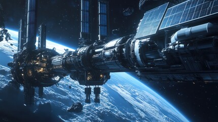 A futuristic space station orbiting Earth, with large solar panels extending outward and multiple docking ports for spacecraft. The blue planet glows in the background.