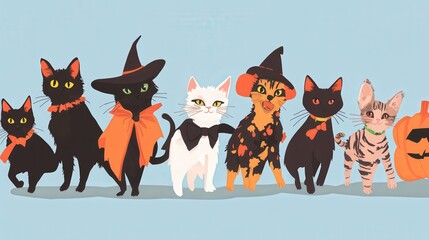 Wall Mural - Halloween A group of cats are dressed up in Halloween costumes and standing in a line